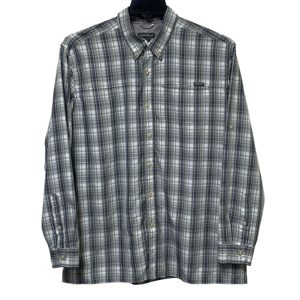 Eddie Bauer Button Up Shirt Men’s Large Gray Blue White Plaid Mesh Lined